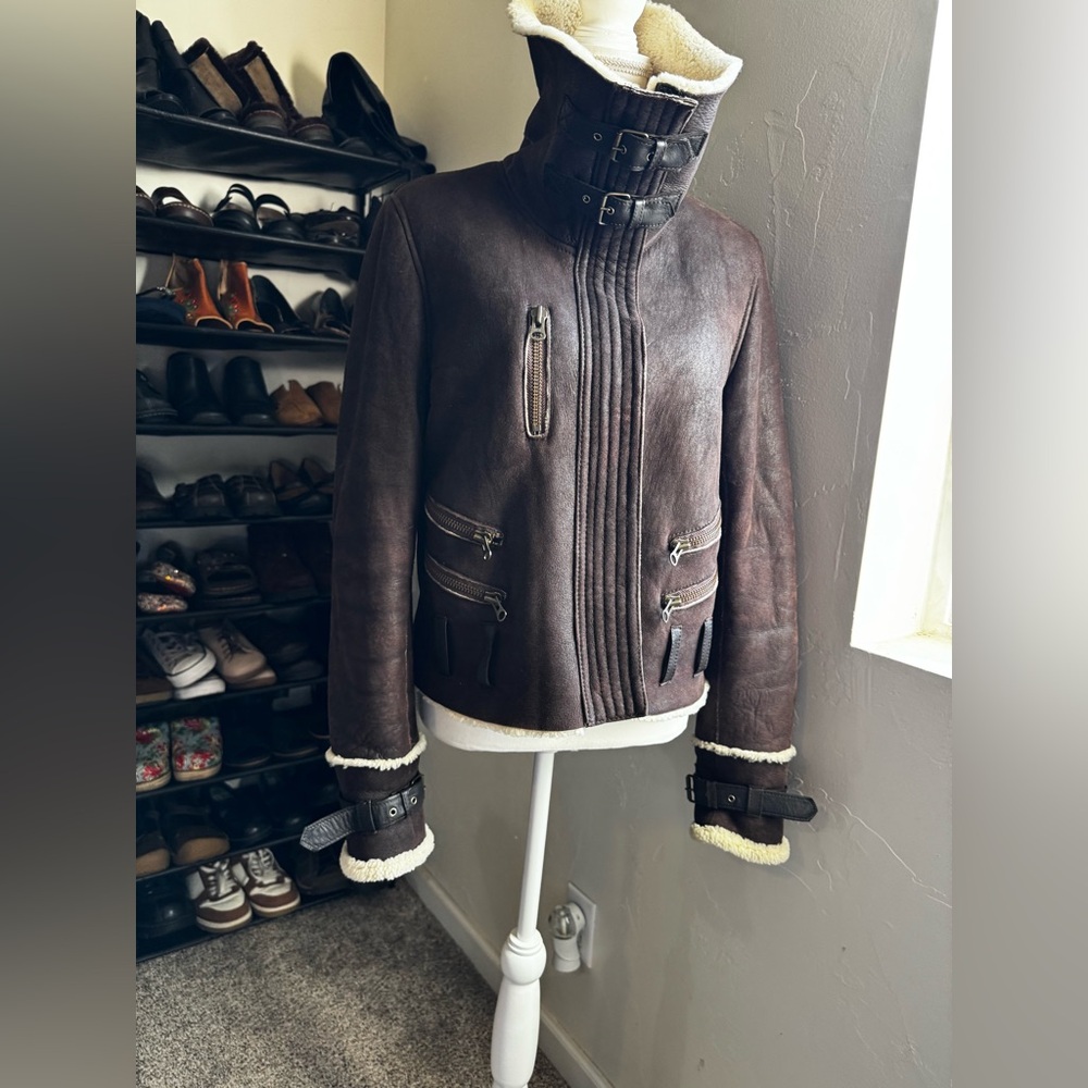 Vintage Y2K Warehouse Women’s Brown Shearling-Style Moto Jacket UK 14 USA 10 - Picture 8 of 8